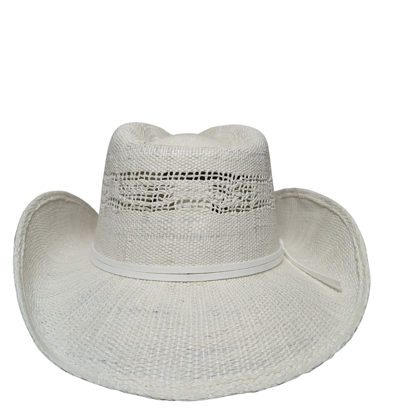 All White Open-Weave Cowboy Hat by Redneck Legends — bright ivory woven straw with an open-weave vented crown and no band hardware