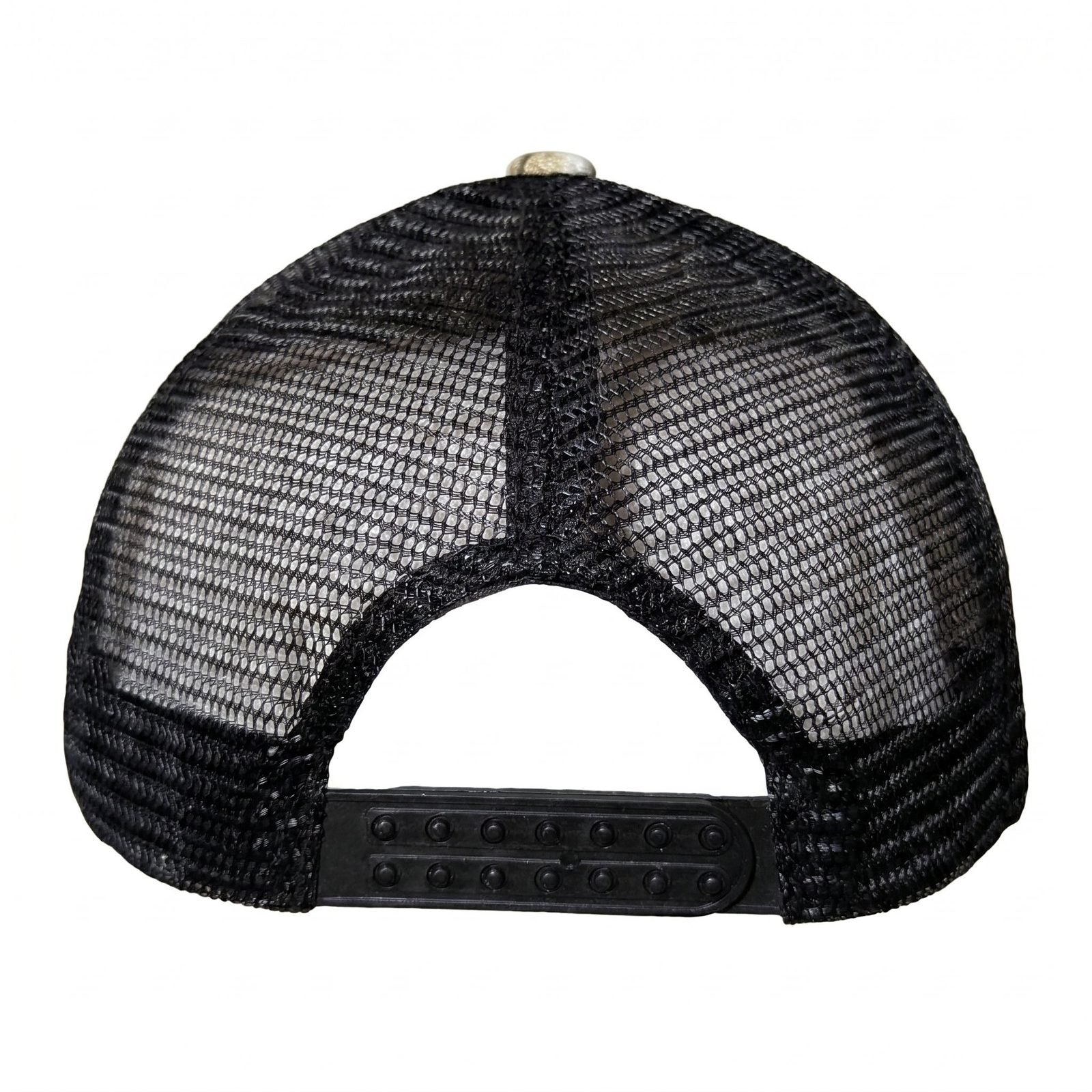 Camo Trucker Hat by Redneck Legends — back view of the black mesh panels with an adjustable snapback closure.