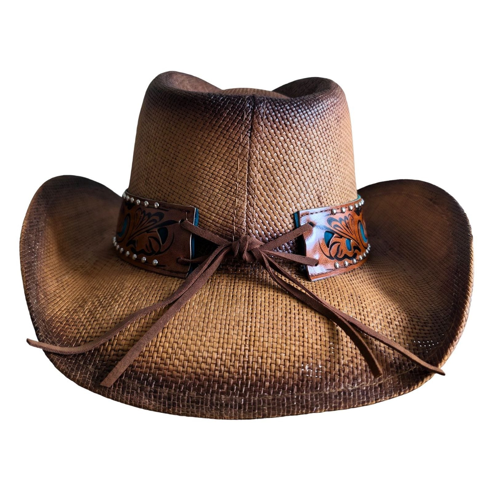 Turquoise Tooled Leather Cowboy Hat by Redneck Legends — back view, suede ties knotted through the tooled band ends