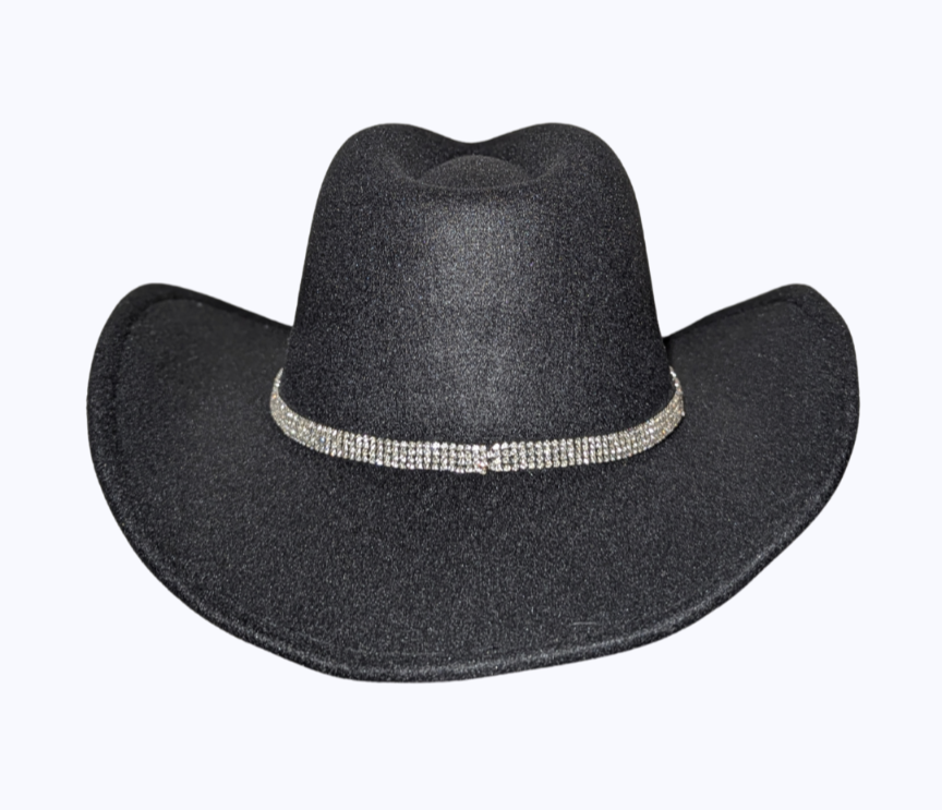 Black Studded Designer Band cowboy hat by Redneck Legends — black suede-look hat with a sparkling rhinestone-studded crown band