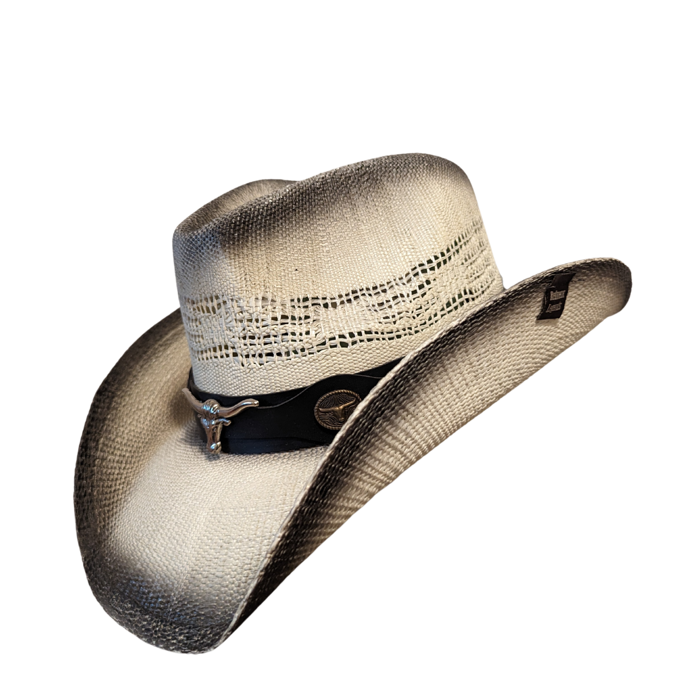 Black Burnt Bull Cowboy Hat by Redneck Legends — distressed scorched two-tone open-weave straw with longhorn hardware on a black leather band