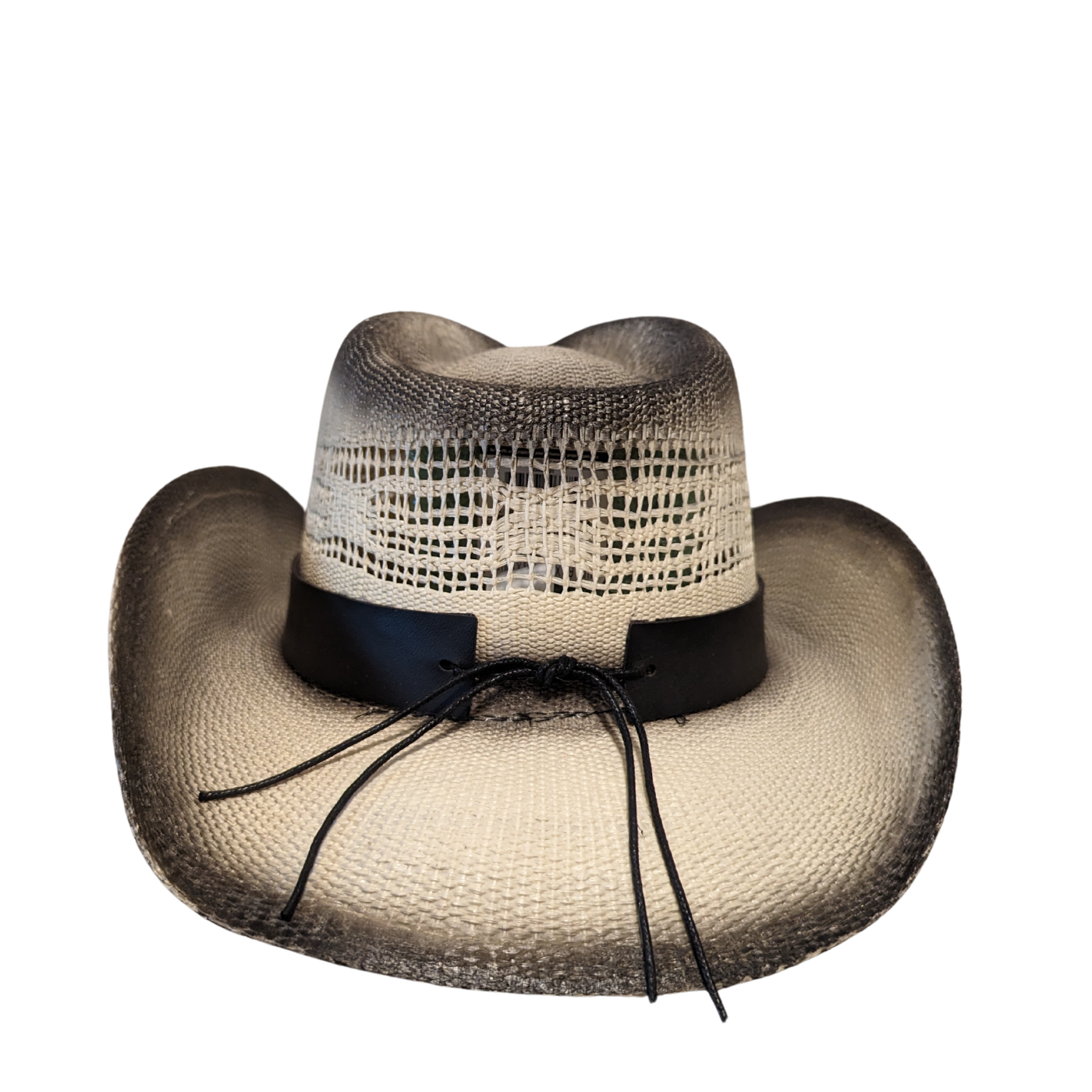 Black Burnt Bull Cowboy Hat by Redneck Legends — distressed scorched two-tone open-weave straw with longhorn hardware on a black leather band