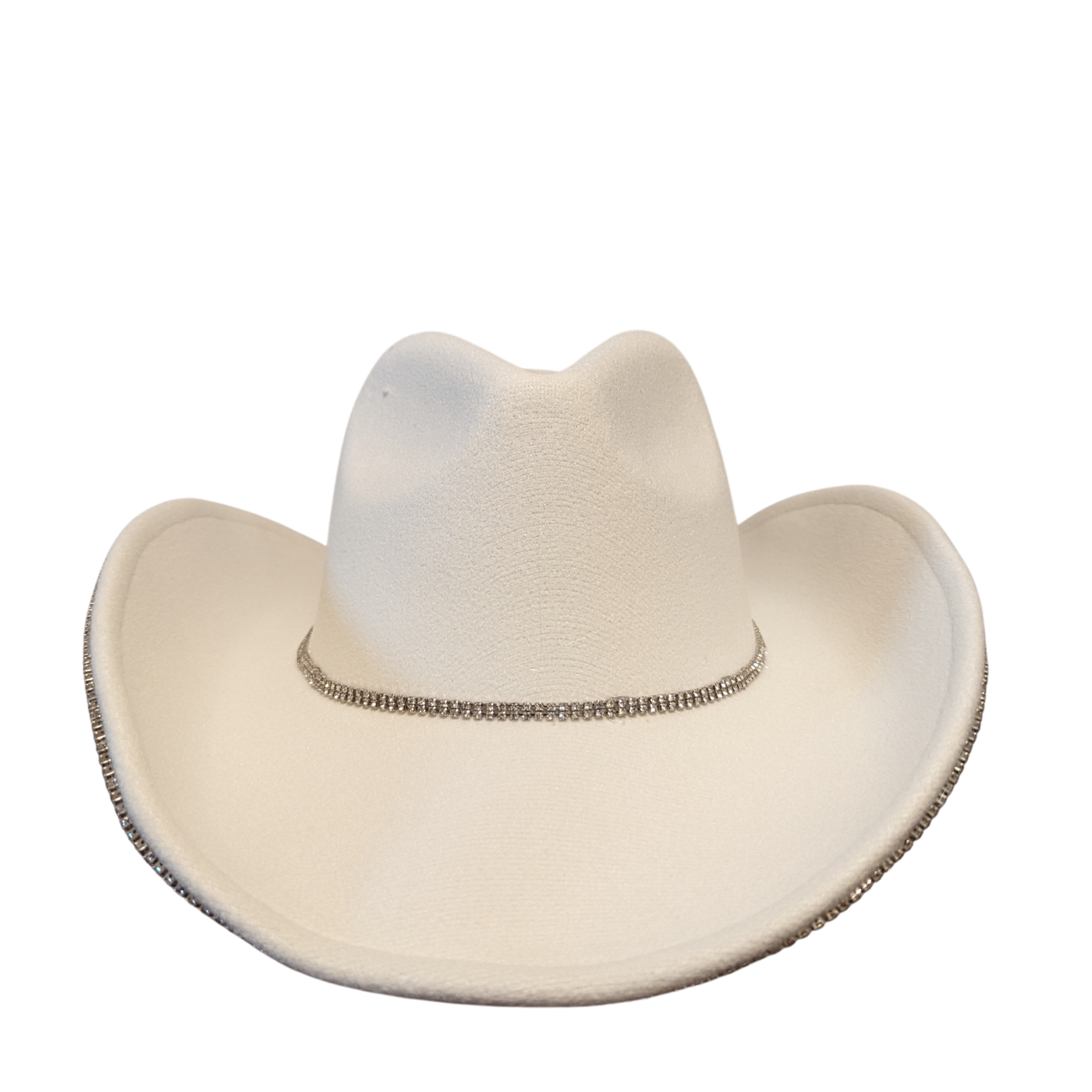 Ivory Pearl Designer cowboy hat by Redneck Legends — ivory hat with a faux pearl and rhinestone brim trim and a crystal band