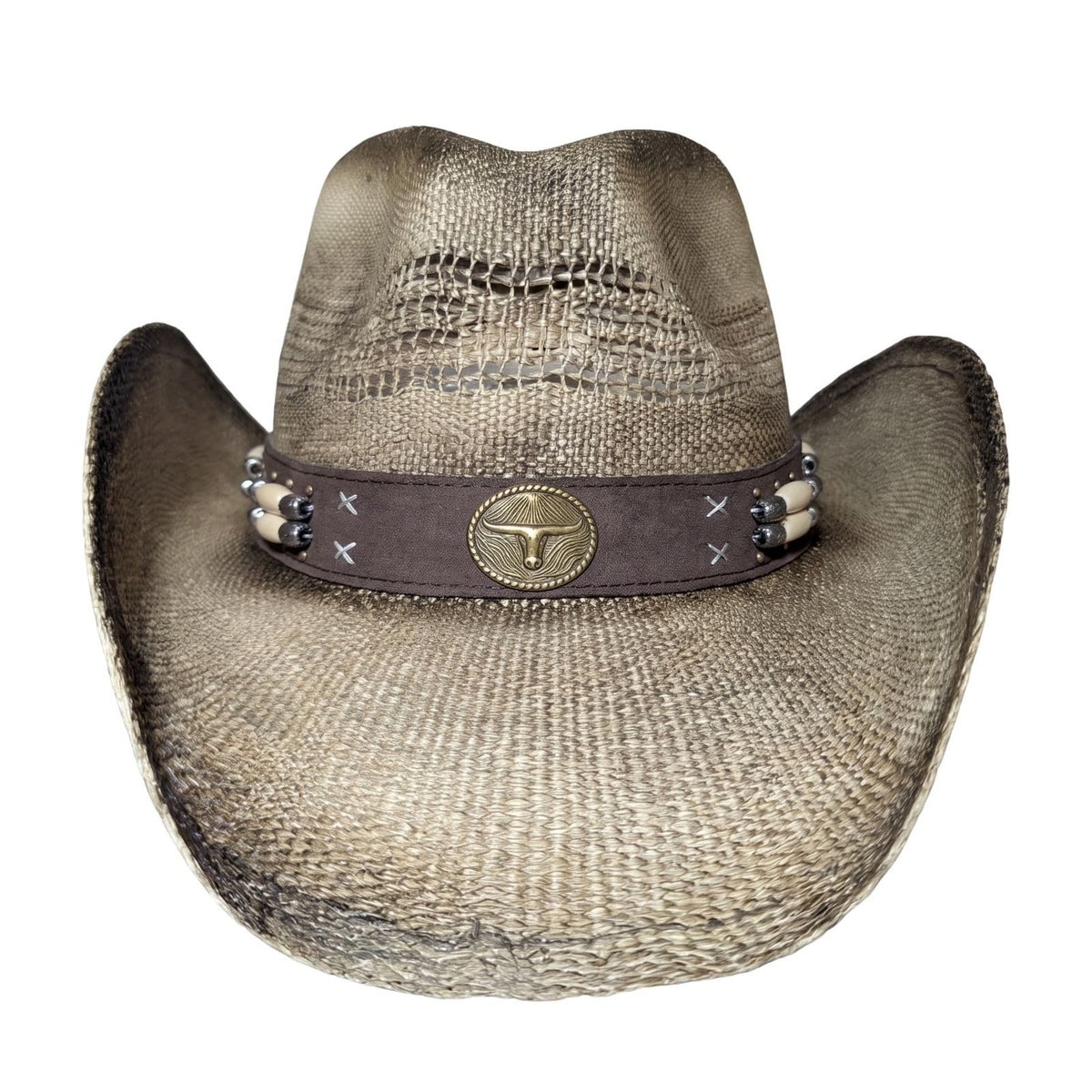 Beaded Longhorn Cowboy Hat - front view with brass longhorn medallion, bone hair-pipe beads, and white cross-stitching