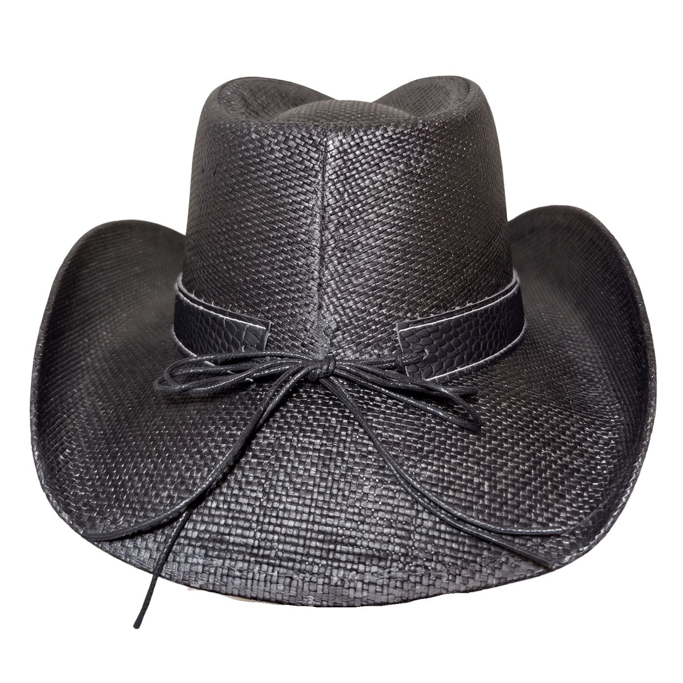 Black Outlaw Cowboy Hat by Redneck Legends — back view with black cord tie bow on croc-embossed band and cattleman crease crown