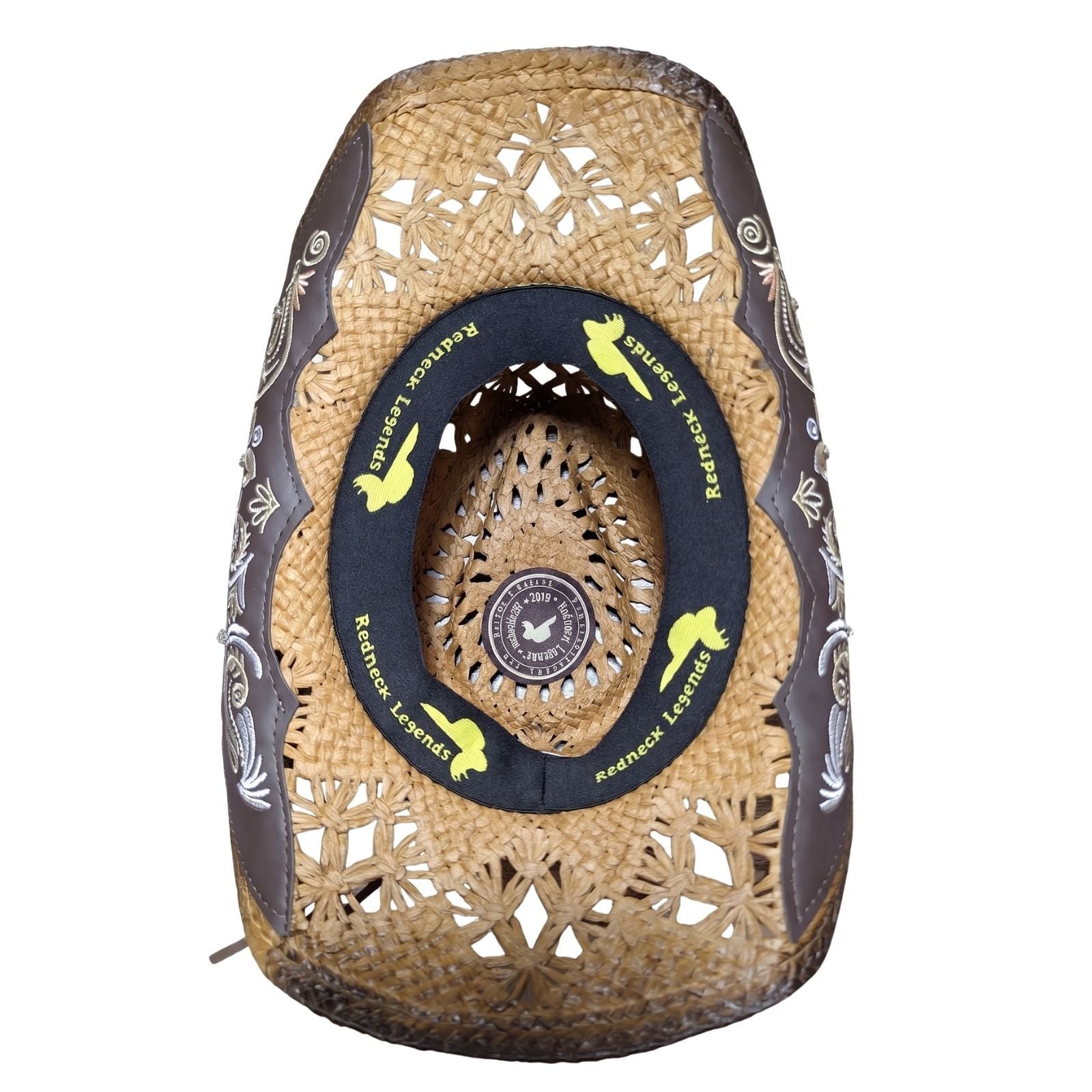 Brown Embroidered Wicker Cowboy Hat by Redneck Legends — interior view of the branded sweatband and airy pinwheel lattice, one-size flex fit