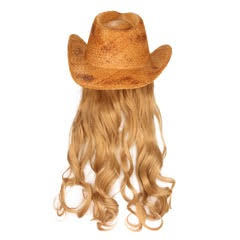 Billy Curlington Distressed Straw Cowboy Hat with Curly Blonde Hair