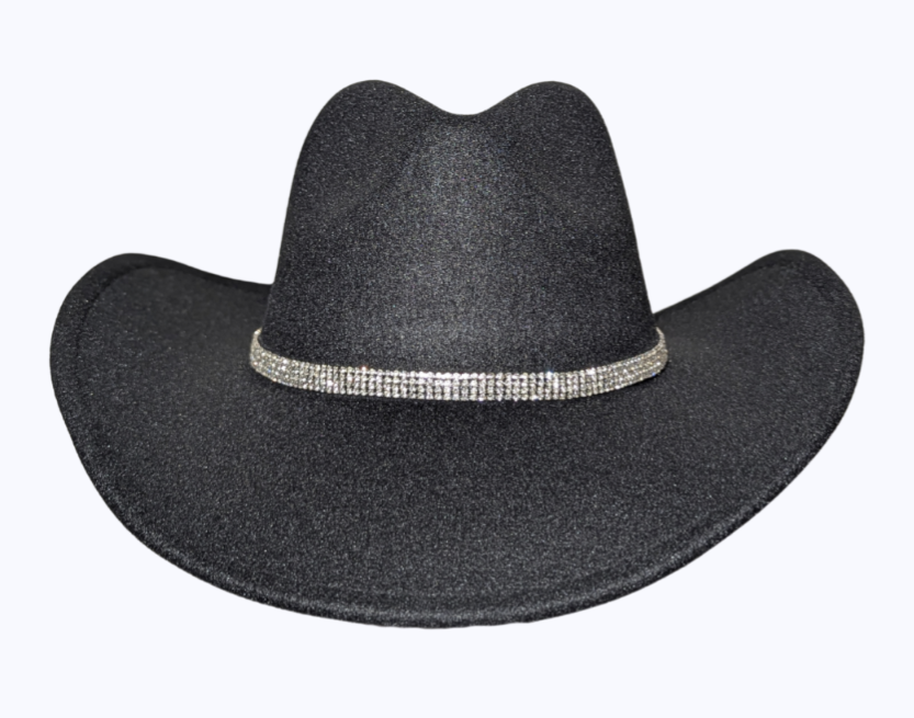 Black Studded Designer Band cowboy hat by Redneck Legends — black suede-look hat with a sparkling rhinestone-studded crown band