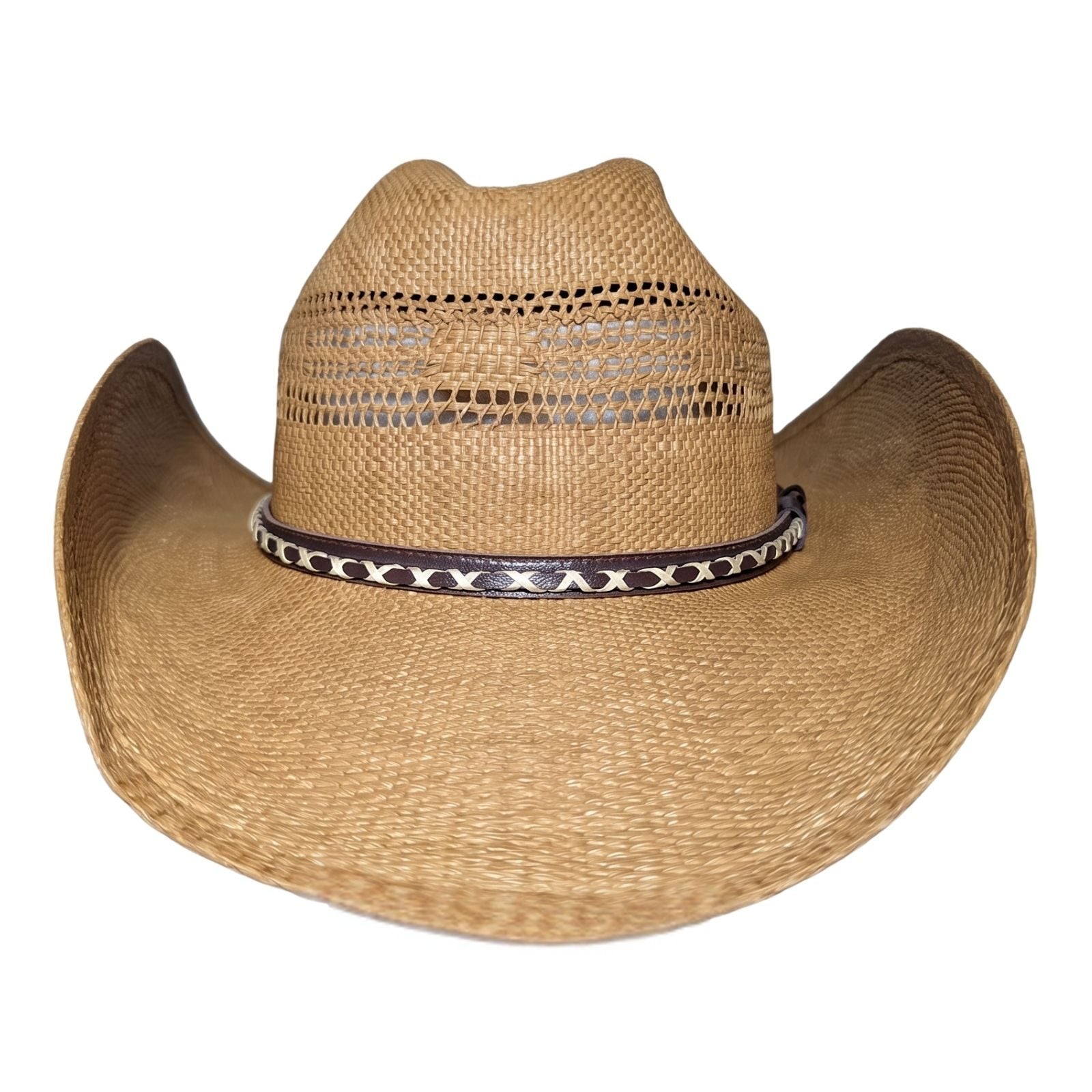 Tan Criss-Cross Band Cowboy Hat by Redneck Legends — front view showing vented open-weave crown and cream criss-cross stitching on the brown leather band