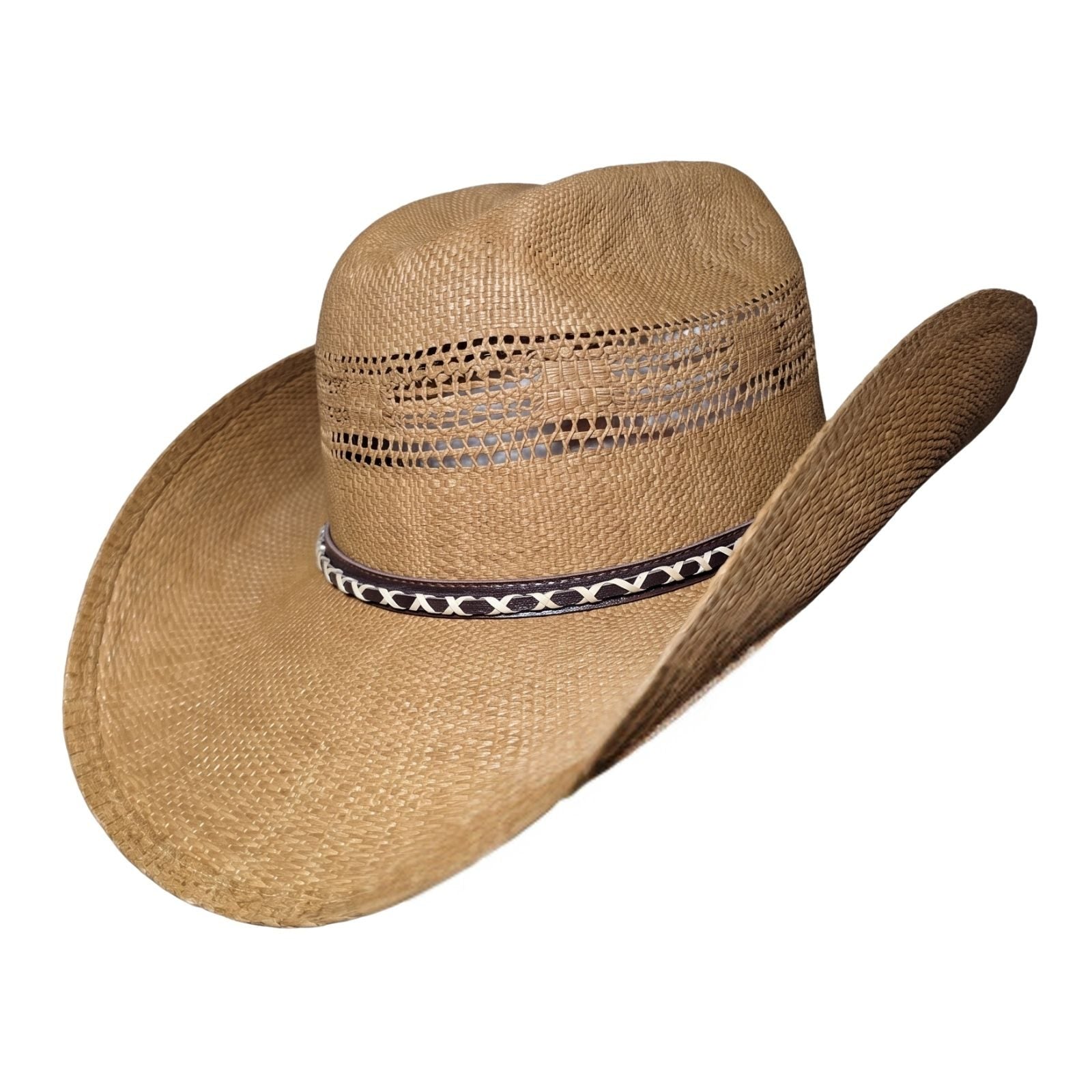 Tan Criss-Cross Band Cowboy Hat by Redneck Legends — side view of rich caramel-tan woven straw with vented crown and brown leather criss-cross band