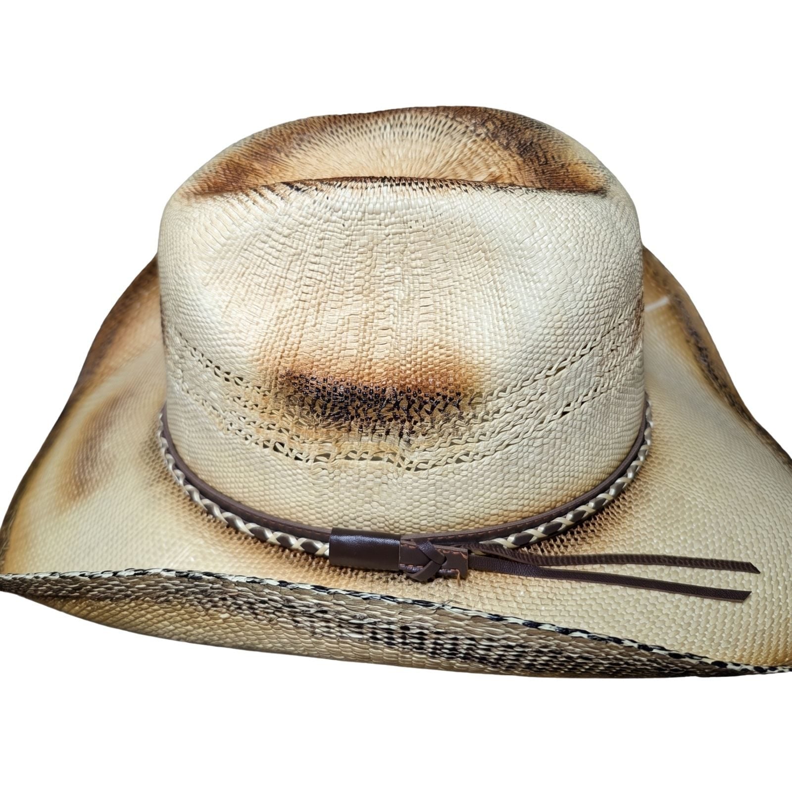 Toasted Criss-Cross Band Cowboy Hat by Redneck Legends — top view of the toasted cattleman crease crown with braided leather keeper and twin band tails