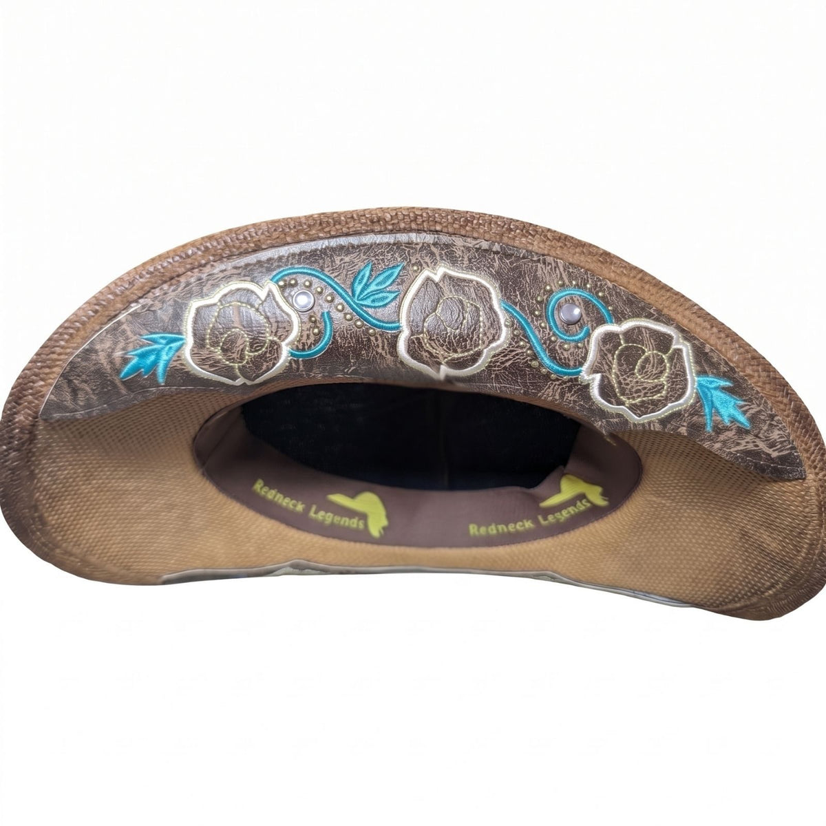 Turquoise Rose Concho Cowboy Hat - underbrim detail of embroidered roses, turquoise vines, studs, and rhinestones