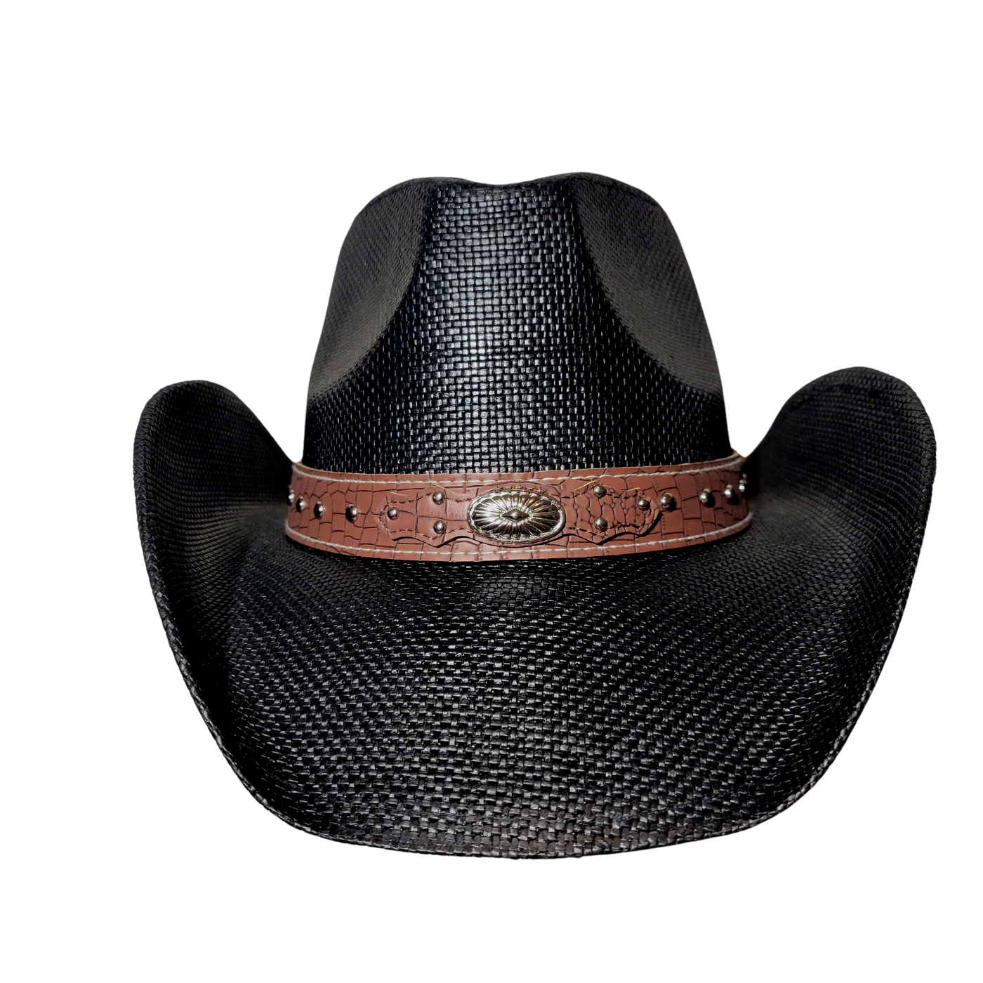 Black Croc-Band Concho Cowboy Hat by Redneck Legends — black woven straw with a tan croc-print leather band, silver studs, and a Western concho