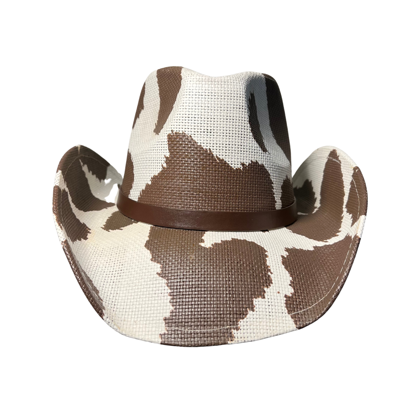 Brown Cow Print Cowboy Hat by Redneck Legends — warm brown cow-print spots on cream basketweave straw with a tonal brown band