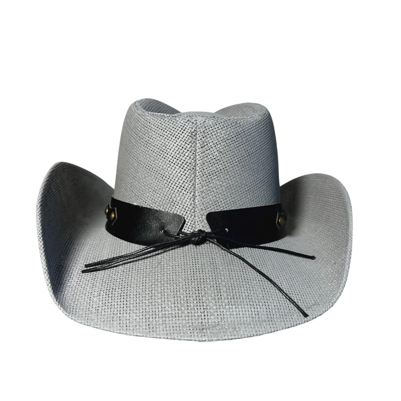 Gray Bull cowboy hat by Redneck Legends — gray basketweave straw with a black leather band, chrome longhorn steer-head medallion, and antiqued brass studs