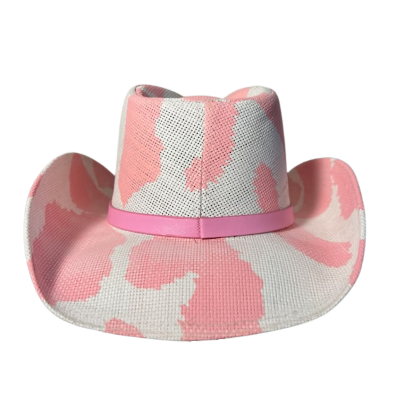 Pink Cow Print Cowboy Hat by Redneck Legends — soft pink cow-print spots on white basketweave straw with a tonal pink band