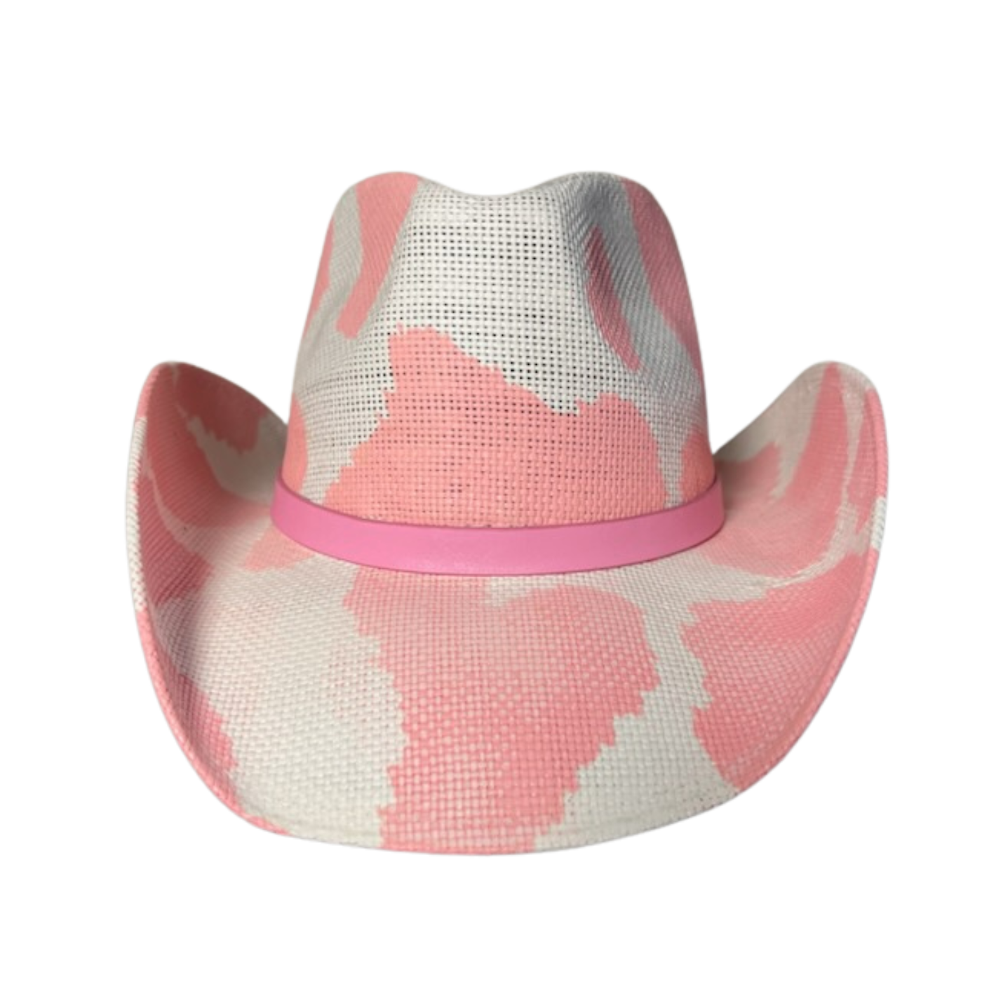 Pink Cow Print Cowboy Hat by Redneck Legends — soft pink cow-print spots on white basketweave straw with a tonal pink band