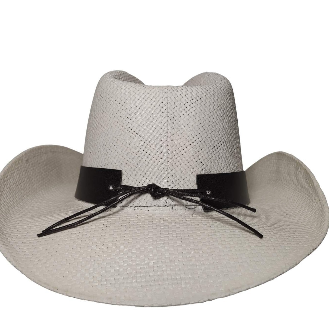 White Longhorn Bull Cowboy Hat by Redneck Legends — white woven straw with a black leather band, silver longhorn steer-head, and brass longhorn concho
