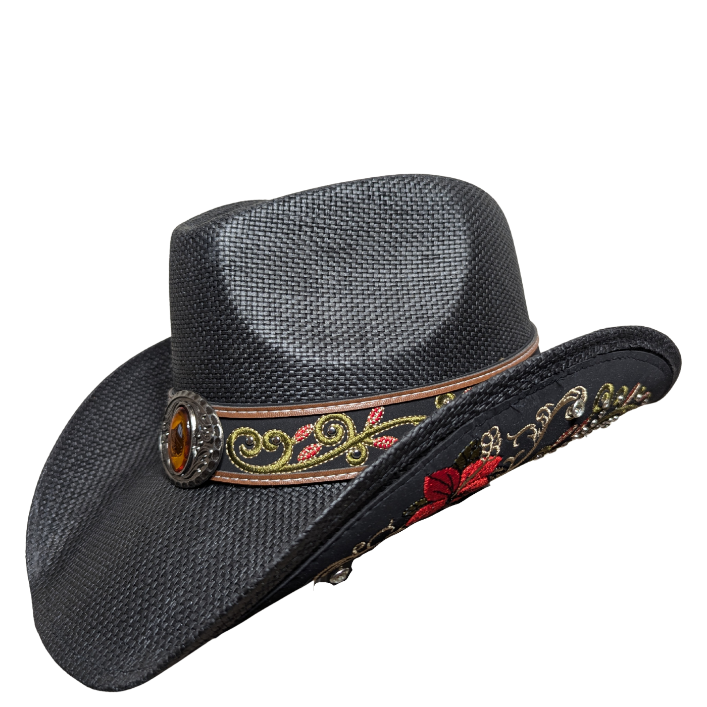Black Side-Stitched Leather Band Cowboy Hat by Redneck Legends — black woven straw with a black vegan-leather band and side-stitched, shapeable brim