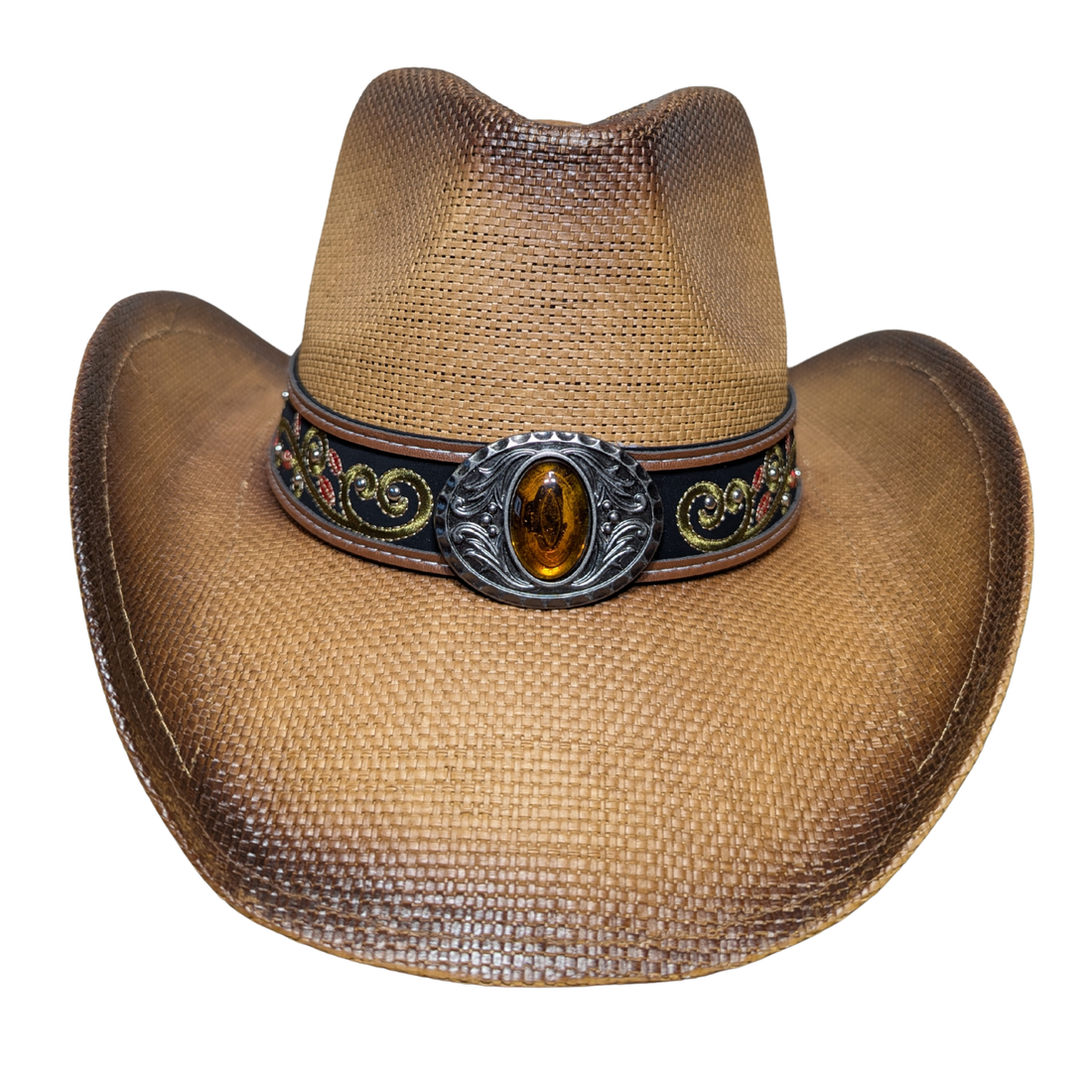 Brown Side-Stitched Leather Band Cowboy Hat by Redneck Legends — brown woven straw with a brown vegan-leather band and side-stitched, shapeable brim