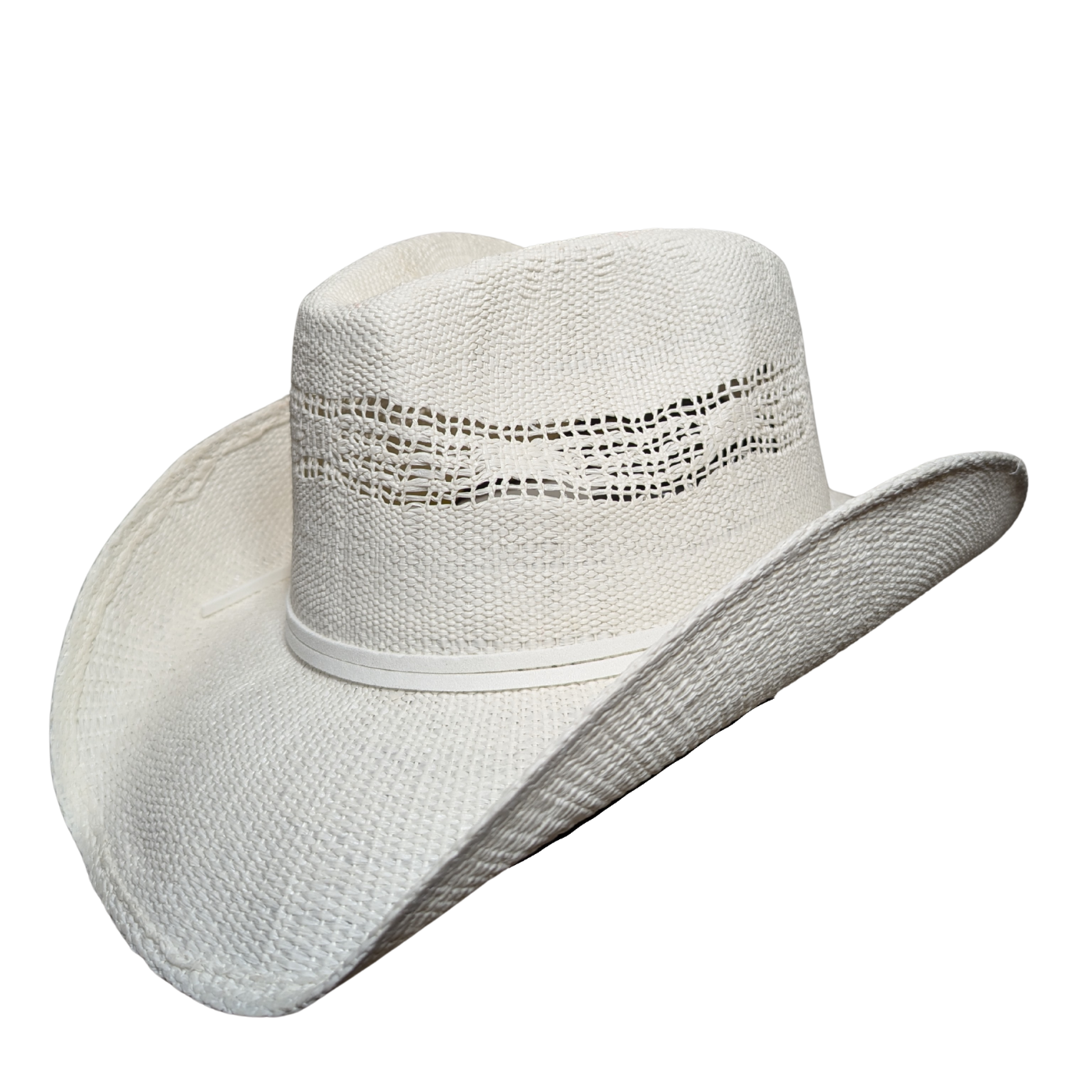 All White Open-Weave Cowboy Hat by Redneck Legends — bright ivory woven straw with an open-weave vented crown and no band hardware