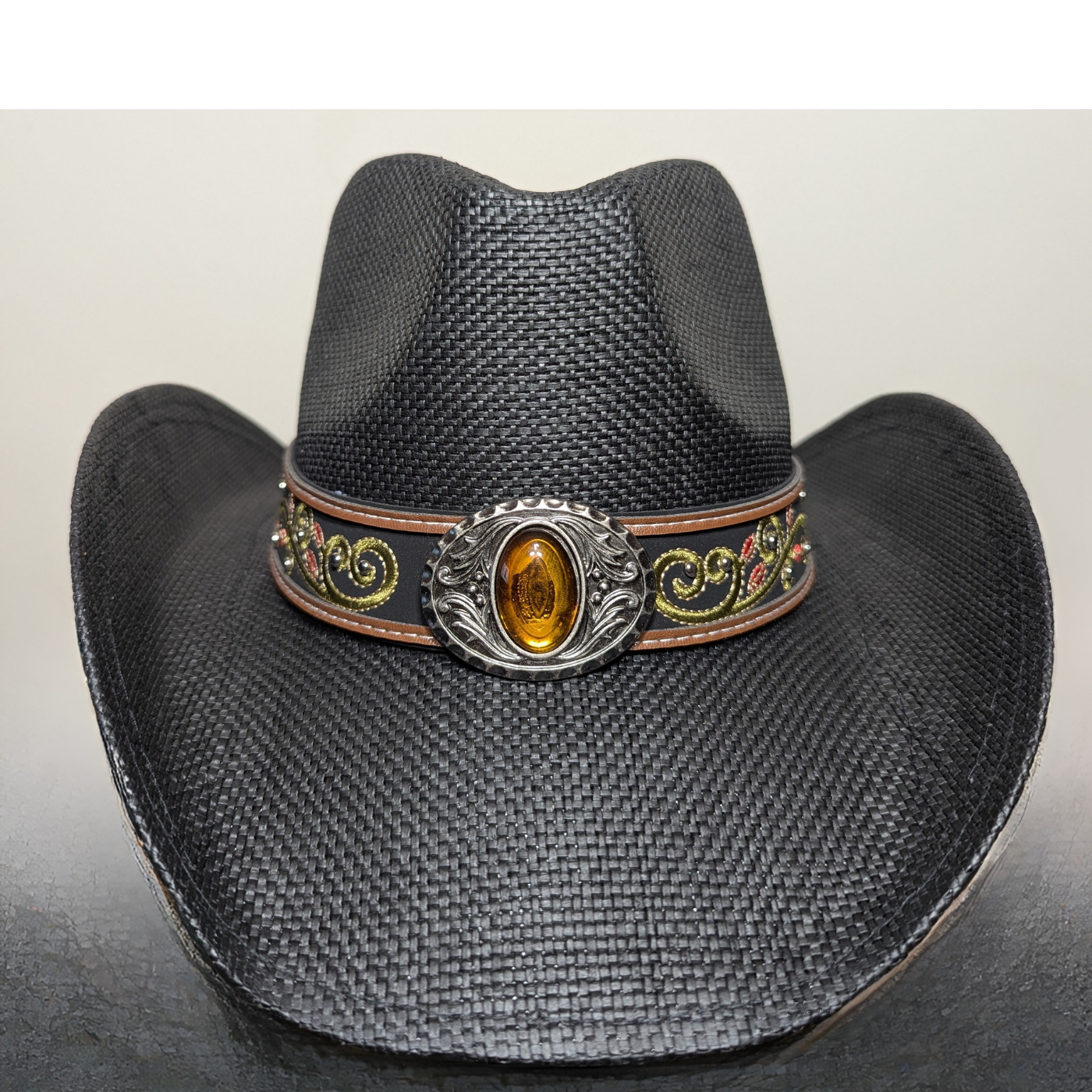 Black Side-Stitched Leather Band Cowboy Hat by Redneck Legends — black woven straw with a black vegan-leather band and side-stitched, shapeable brim