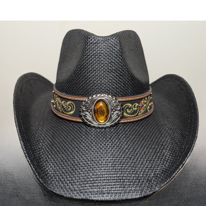 Black Side-Stitched Leather Band Cowboy Hat by Redneck Legends — black woven straw with a black vegan-leather band and side-stitched, shapeable brim