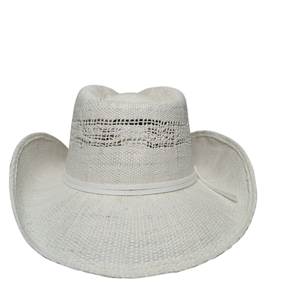 All White Open-Weave Cowboy Hat by Redneck Legends — bright ivory woven straw with an open-weave vented crown and no band hardware