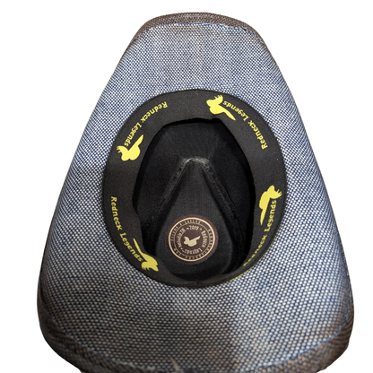 American Eagle Cowboy Hat by Redneck Legends — denim-and-cream woven straw with a gator-print band and a pewter eagle-and-flag emblem