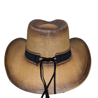 Brown Side-Stitched Leather Band Cowboy Hat by Redneck Legends — brown woven straw with a brown vegan-leather band and side-stitched, shapeable brim