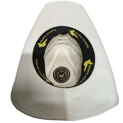 All White Open-Weave Cowboy Hat by Redneck Legends — bright ivory woven straw with an open-weave vented crown and no band hardware