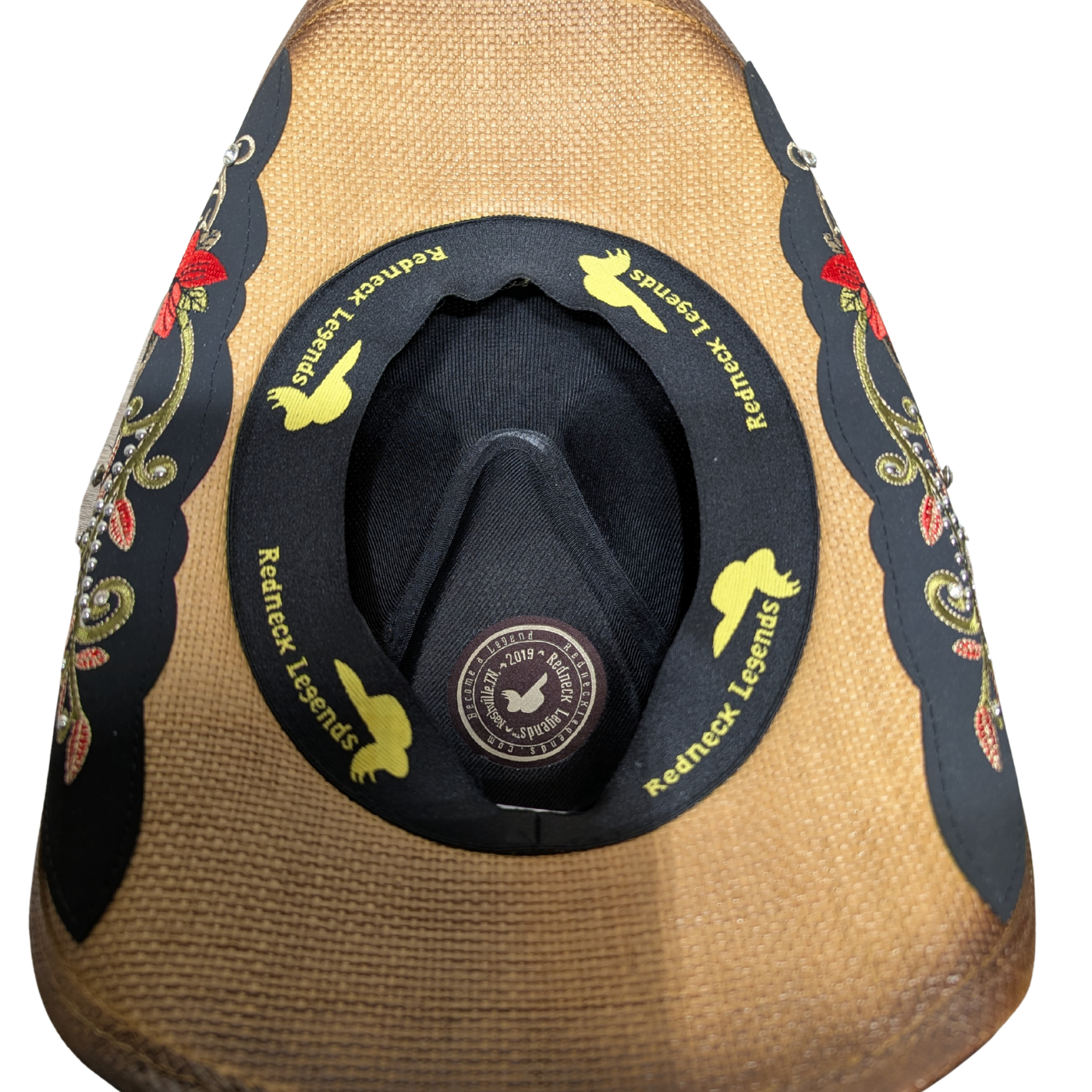 Brown Side-Stitched Leather Band Cowboy Hat by Redneck Legends — brown woven straw with a brown vegan-leather band and side-stitched, shapeable brim