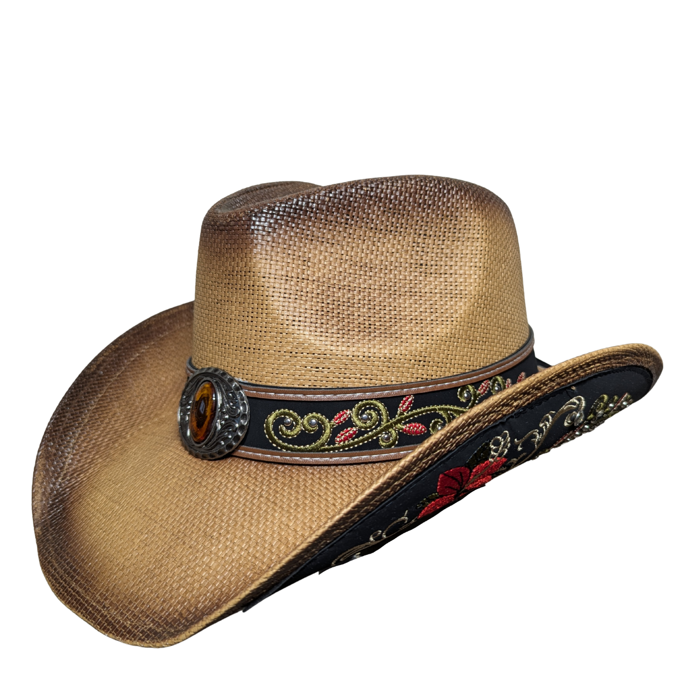 Beige cowboy hat with decorative band on a white background