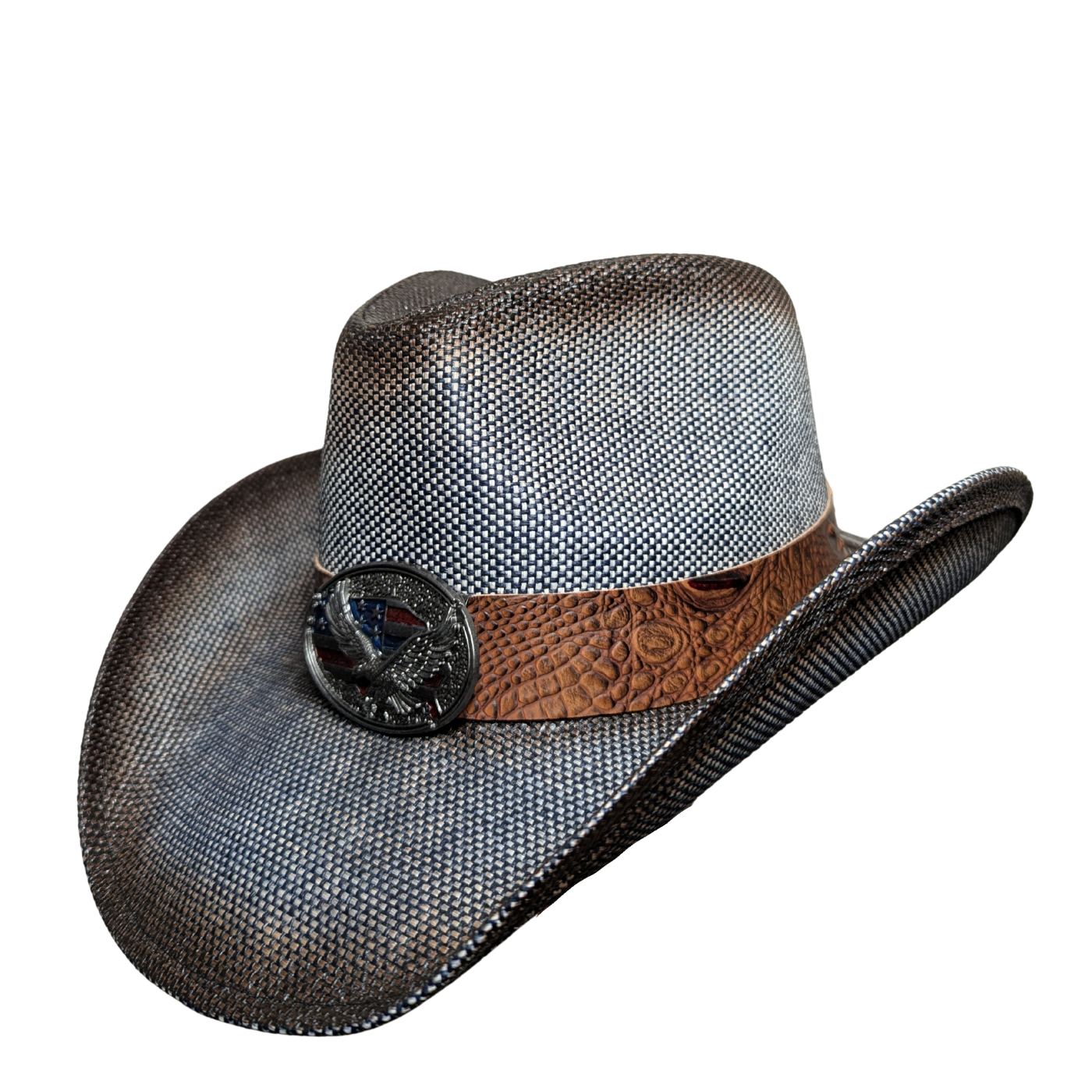 Cowboy hat with a brown band and decorative eagle buckle on a white background