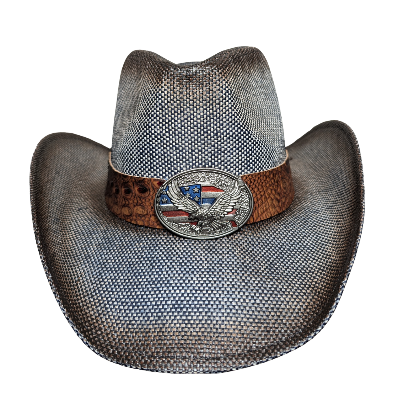 American Eagle Cowboy Hat by Redneck Legends — denim-and-cream woven straw with a gator-print band and a pewter eagle-and-flag emblem