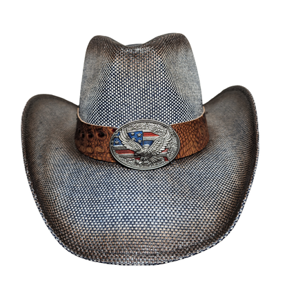 American Eagle Cowboy Hat by Redneck Legends — denim-and-cream woven straw with a gator-print band and a pewter eagle-and-flag emblem