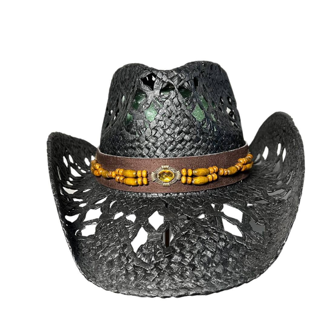 Black Wicker Cowboy Hat by Redneck Legends — blacked-out open-weave straw with a brown faux-suede band, wood beads, and an amber gem concho
