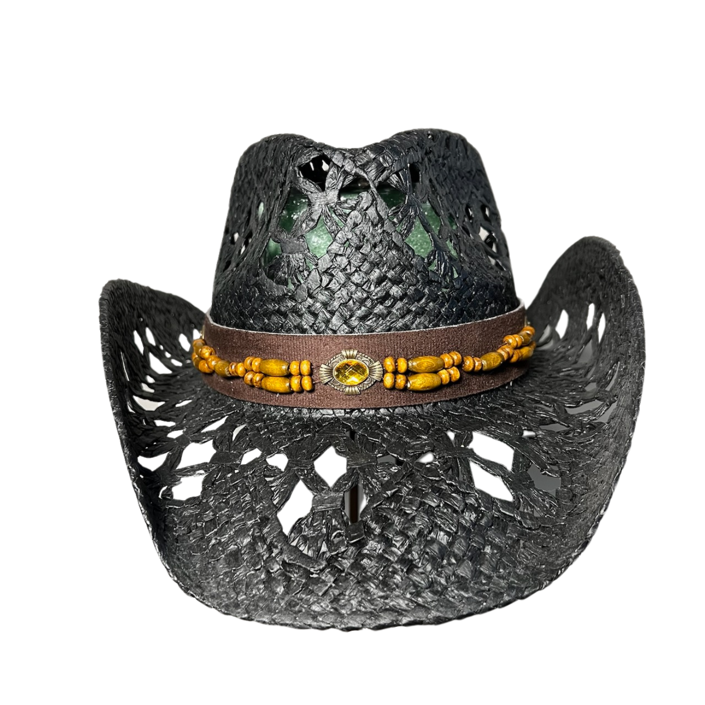 Black Wicker Cowboy Hat by Redneck Legends — blacked-out open-weave straw with a brown faux-suede band, wood beads, and an amber gem concho
