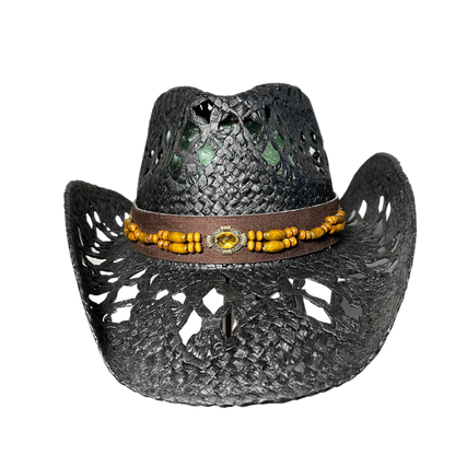 Black Wicker Cowboy Hat by Redneck Legends — blacked-out open-weave straw with a brown faux-suede band, wood beads, and an amber gem concho