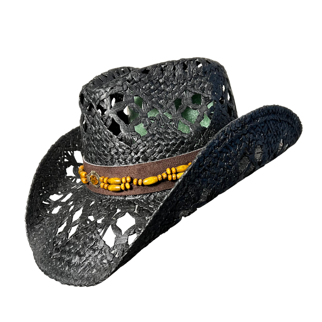 Black Wicker Cowboy Hat by Redneck Legends — blacked-out open-weave straw with a brown faux-suede band, wood beads, and an amber gem concho