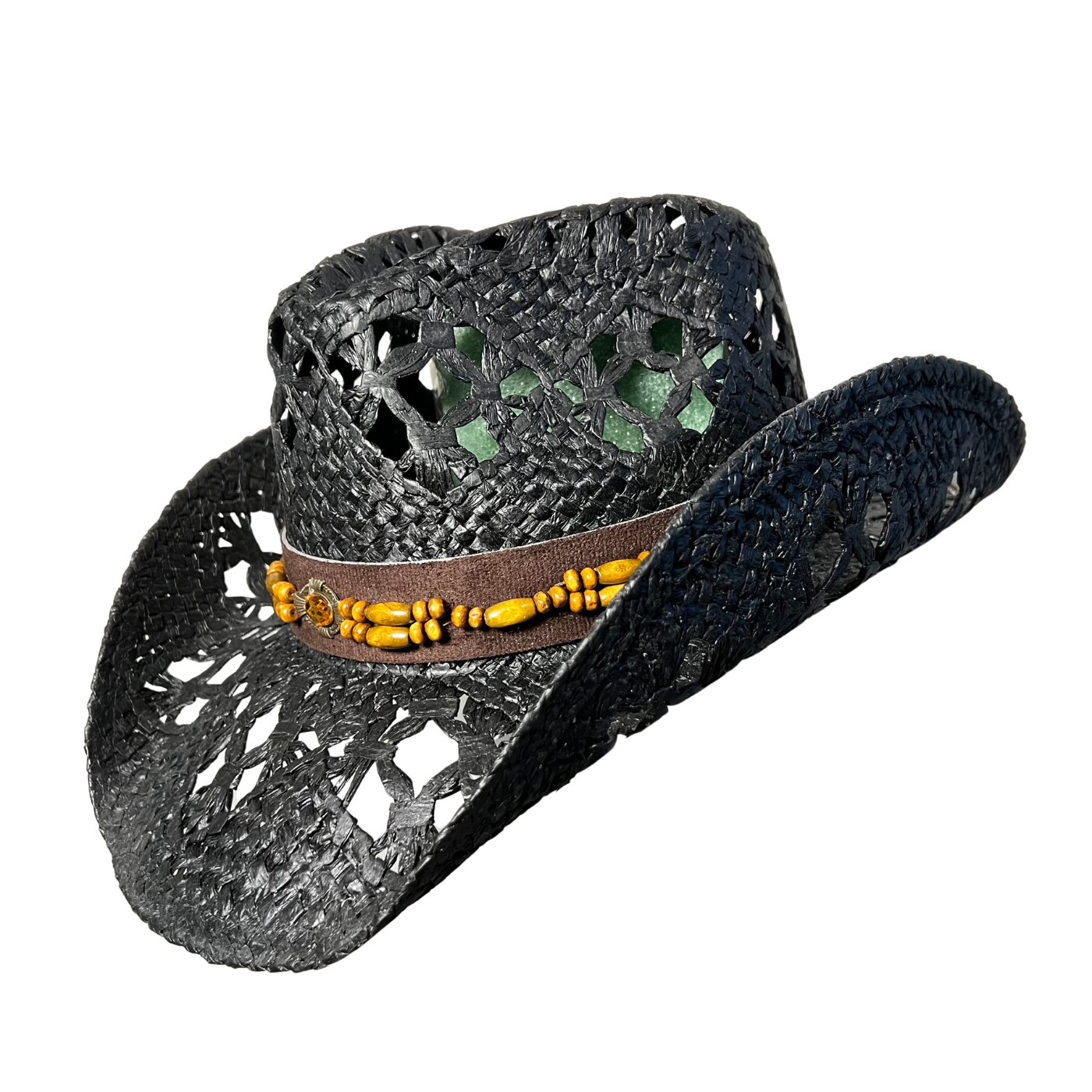 Black Wicker Cowboy Hat by Redneck Legends — blacked-out open-weave straw with a brown faux-suede band, wood beads, and an amber gem concho