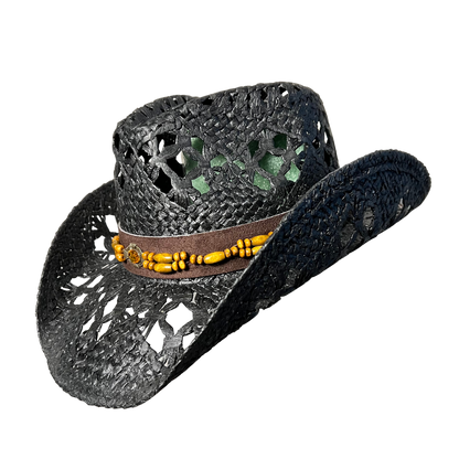 Black Wicker Cowboy Hat by Redneck Legends — blacked-out open-weave straw with a brown faux-suede band, wood beads, and an amber gem concho