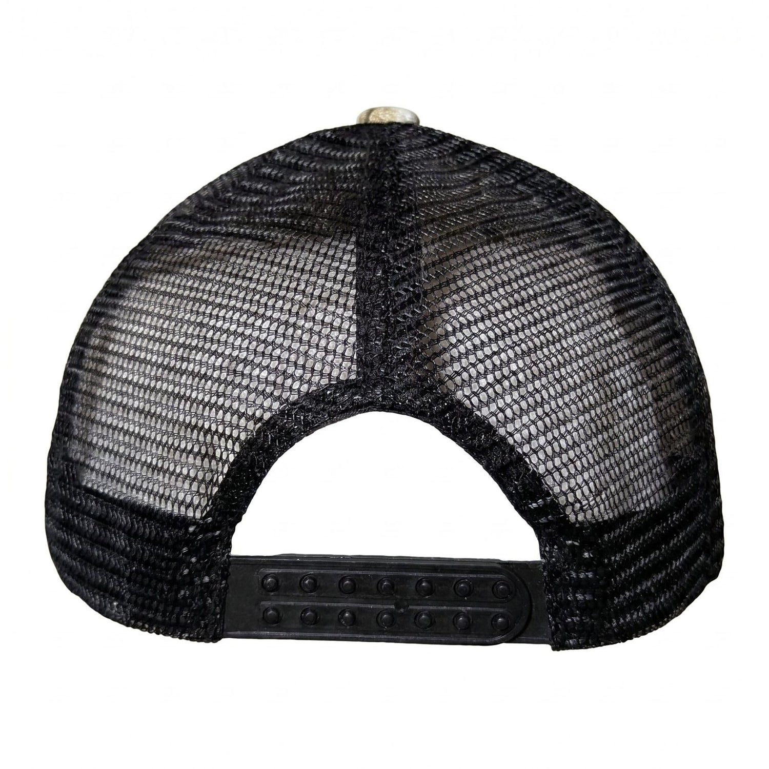 Camo Trucker Hat by Redneck Legends — back view of the black mesh panels with an adjustable snapback closure.