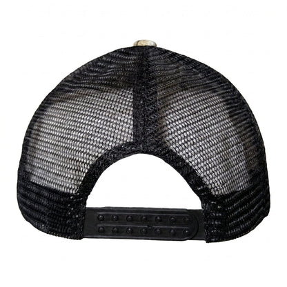 Camo Trucker Hat by Redneck Legends — back view of the black mesh panels with an adjustable snapback closure.