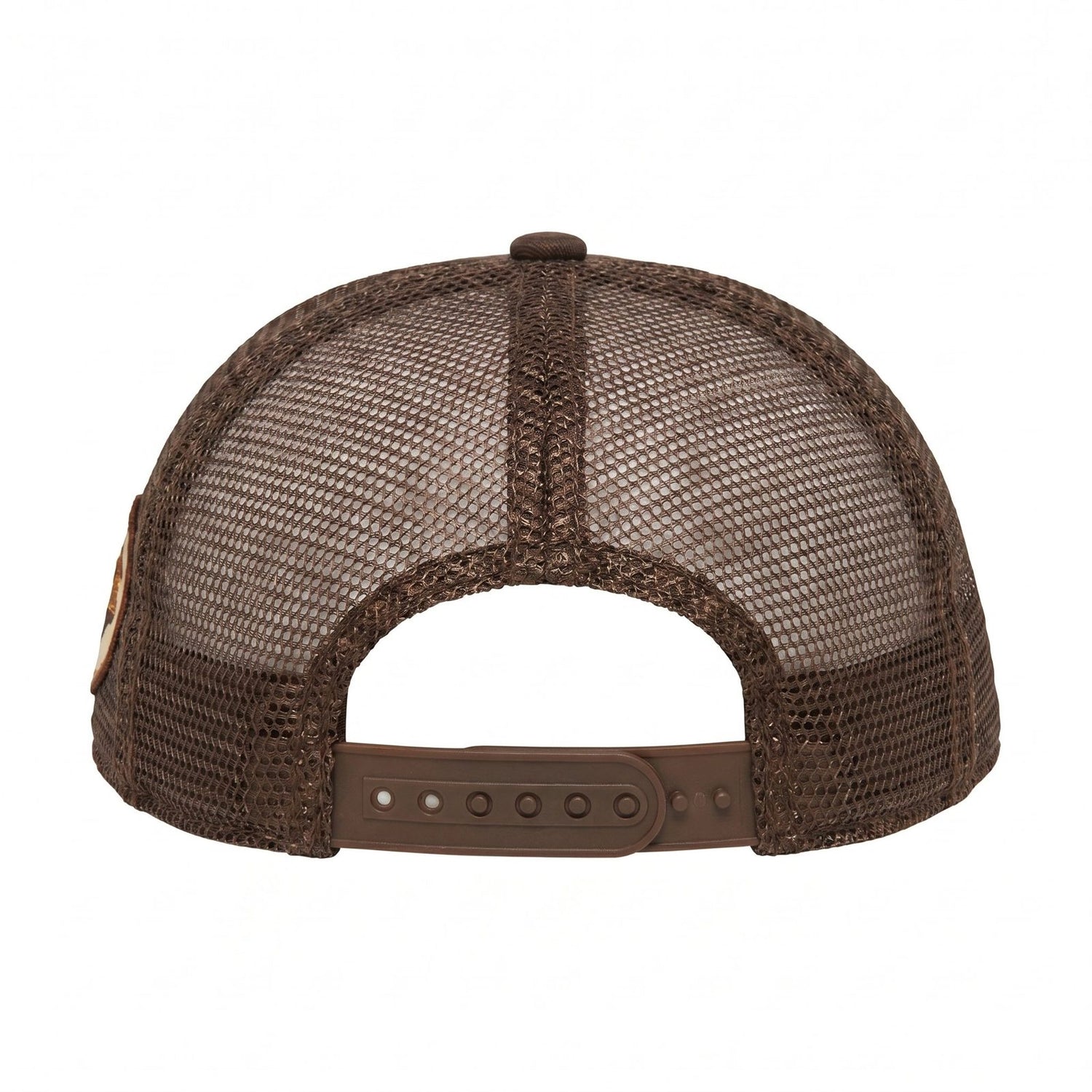 Redneck Legends Cream &amp; Brown Trucker Hat — back view, brown mesh panels with adjustable snap closure