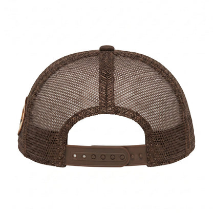 Redneck Legends Cream &amp; Brown Trucker Hat — back view, brown mesh panels with adjustable snap closure