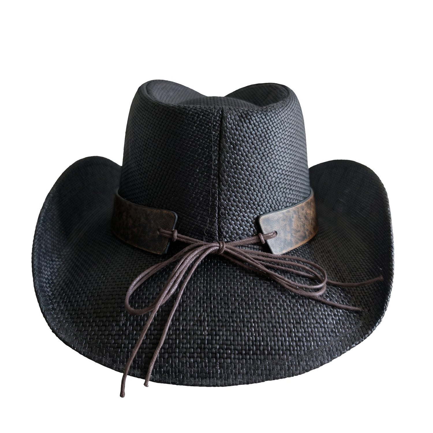 Black Bull Buckle Cowboy Hat by Redneck Legends — back view, knotted brown cord bow tied through the band ends