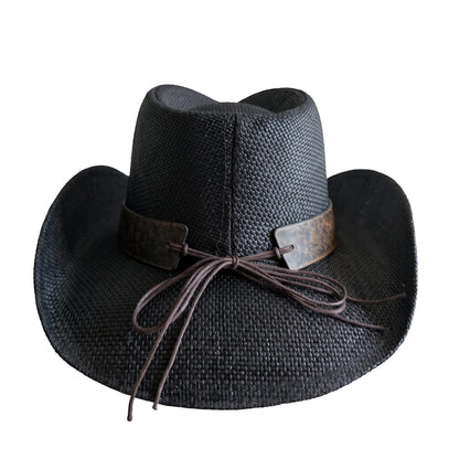 Black Bull Buckle Cowboy Hat by Redneck Legends — back view, knotted brown cord bow tied through the band ends