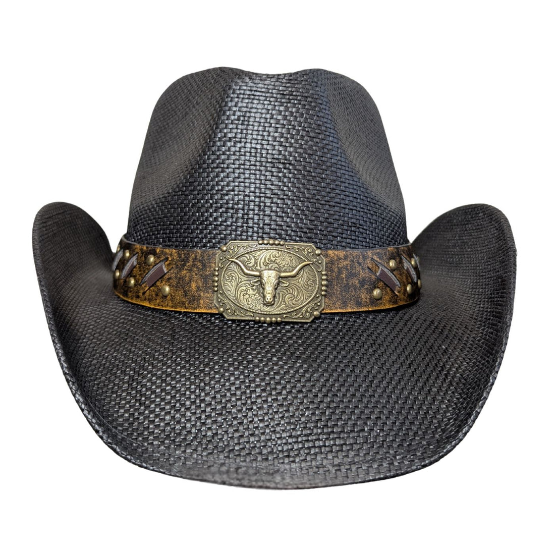 Black Bull Buckle Cowboy Hat by Redneck Legends — front view, ornate brass longhorn buckle plate on a distressed brown studded band