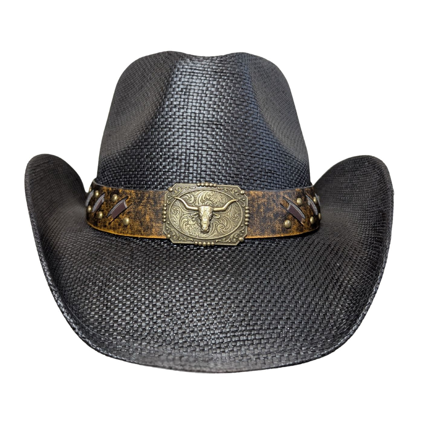 Black Bull Buckle Cowboy Hat by Redneck Legends — front view, ornate brass longhorn buckle plate on a distressed brown studded band